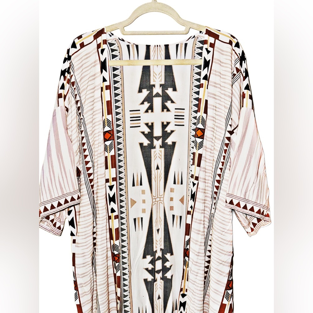 Boho Chic Tribal Pattern Kimono in Off White, Brown and Black